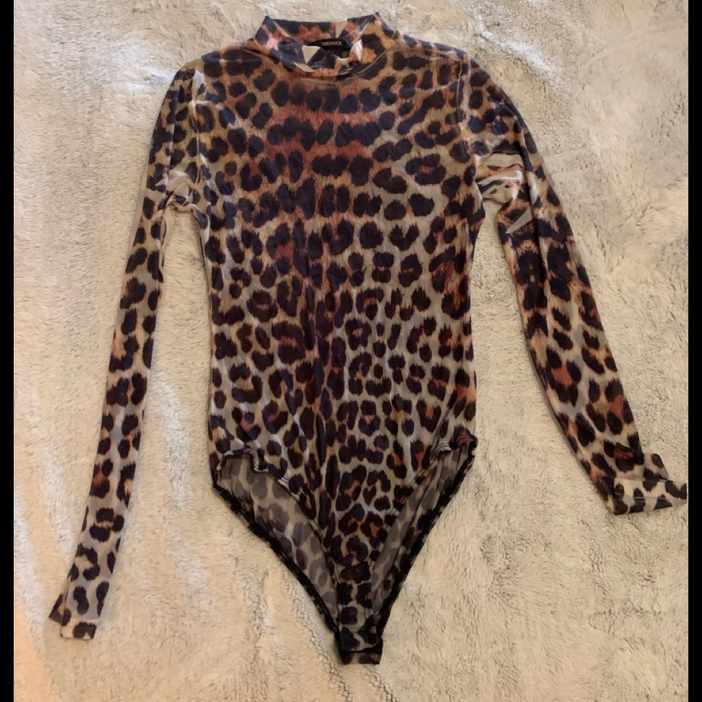Forever 21 ~ Sheer Leopard Long Sleeve Body Suit ~ NWOT ~ Size L.